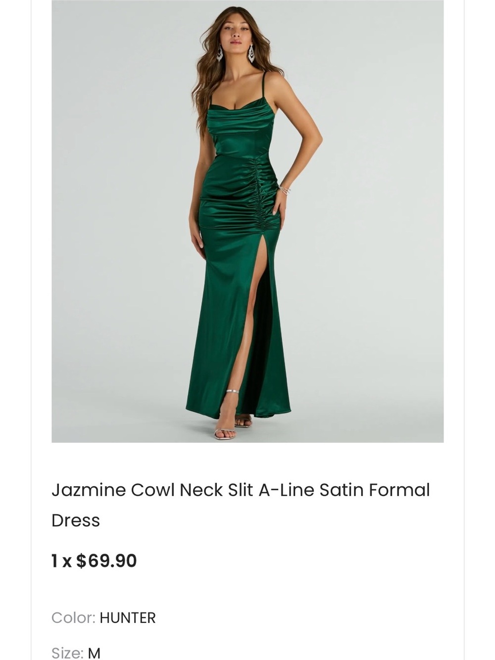 Windsor Hunter Green Satin Cowl Neck Slit Formal Dress